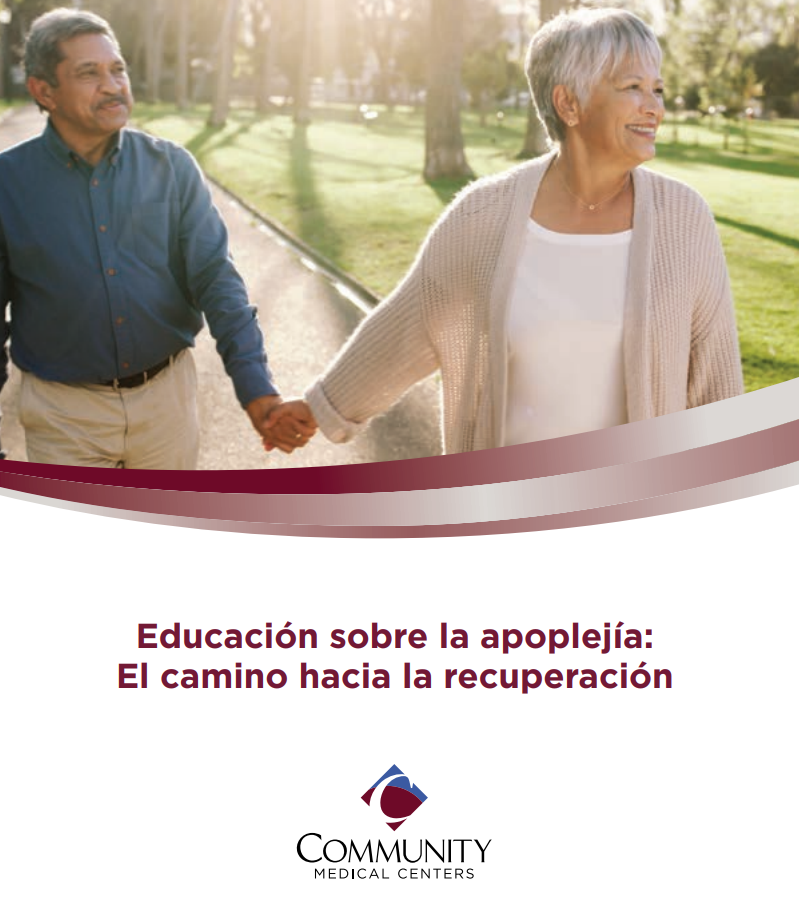 Image of a middle-aged Latino man and woman holding hands with the text, Education sobre la apoplejia: El caminohacia la recuperacion